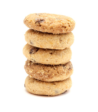 Round chocolate chip mini cookies isolated on white background 
