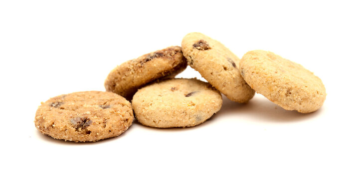 Round chocolate chip mini cookies isolated on white background 
