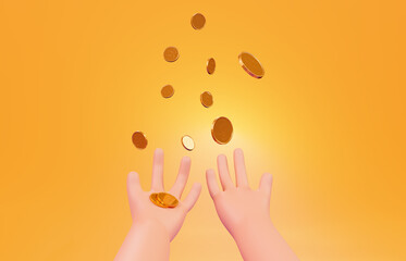 Cartoon hands and falling dollar coins, 3D rendering. The character catches gold coins, a banner on a yellow background.