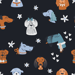 Seamless pattern with cute dog portraits and flowers. Vector illustration.