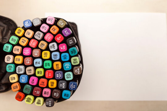 Multicolored Felt-Tip Pens. Colorful Felt Tip Pens .Multicolored Felt-Tip Pens in box on white card. Art day