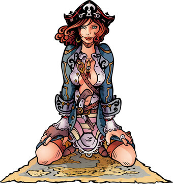Sexy pirate girl sitting on large treasure map
