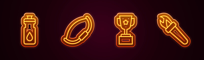 Set line Fitness shaker, Medieval bow, Award cup and Torch flame. Glowing neon icon. Vector