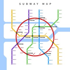 Round metro or subway underground transport city map, vector urban railway station lines scheme. Subway metro or tube and public transport network plan with train, bus or tram connection stations