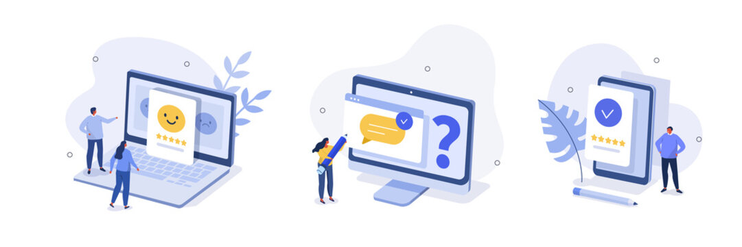 Feedback and review illustration set. People characters asking helpdesk a questions and giving positive feedback. Customer support and FAQ concept. Vector illustration.