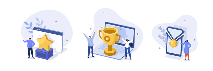 Winners with prize illustration set. Characters celebrating first place victory with golden cup, medal and other winning trophies. Business goals, achievement and success concept. Vector illustration.