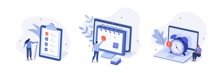 Business management illustration set. Characters planning schedule, managing work time, filling check list. Time management and schedule organization concept. Vector illustration.