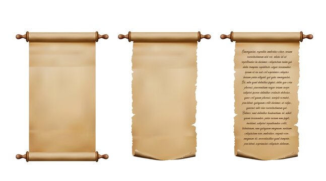 Old parchment paper scroll and ancient papyrus manuscript. Realistic antique vector rolls of rough paper with torn edges,. Certificate, treasure map or document, letter, message or diploma