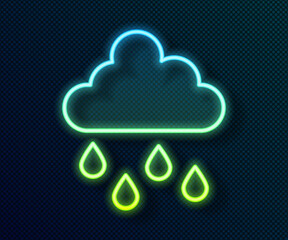 Glowing neon line Cloud with rain icon isolated on black background. Rain cloud precipitation with rain drops. Vector