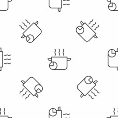 Grey line Cooking pot and kitchen timer icon isolated seamless pattern on white background. Boil or stew food symbol. Vector