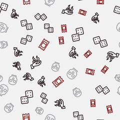 Set line Hand holding fire, Game dice, Skull and Circus ticket on seamless pattern. Vector