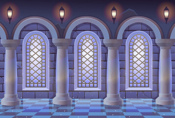 Medieval castle room with stained glass windows, columns marble floor and stone wall. Interior of ancient Palace. Vector illustration of cartoon corridor. © NADEZHDA