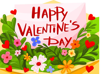 Happy Valentine's Day card in bright flower bouquet. Vector illustration concept of beautiful romantic congratulation