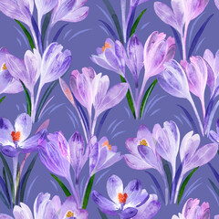 Watercolor spring flowers seamless pattern, floral background, crocus floral hand painted print - 484141750