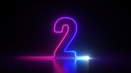 3d render, neon number two glowing in the dark with ultraviolet light, pink blue gradient laser ray