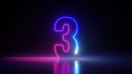 3d render, neon number three glowing in the dark with ultraviolet light, pink blue gradient laser ray