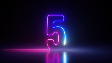 3d render, neon number five glowing in the dark with ultraviolet light, pink blue gradient laser ray