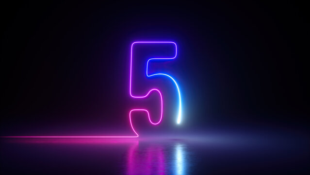 3d render, neon number five glowing in the dark with ultraviolet light, pink blue gradient laser ray