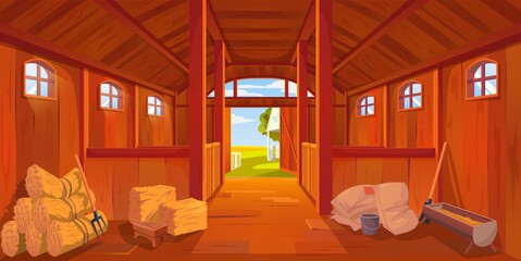 Cartoon farm stable or barn interior, vector haystack and hayloft. Barn interior of ranch or farmhouse with wooden walls, horse stalls, hay or straw, feed trough, sacks, open gate and farmer tools