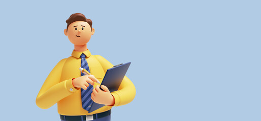 3d render. Cartoon character young caucasian man isolated on blue background. Cute guy wears yellow shirt, blue tie, holds clipboard, looks at camera. Social survey concept