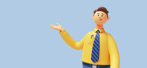 3d render. Cartoon character young man isolated on blue background. Sales manager wears yellow shirt, blue tie, looks at camera, show gesture. Presentation concept. Successful businessman © NeoLeo