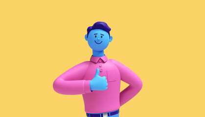 3d render. Cartoon character smiling guy with blue skin wears pink shirt isolated on yellow background. Shows like gesture with thumb up. Approval concept