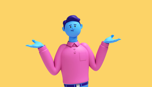 3d Render. Cartoon Character Young Man With Blue Skin Wears Pink Shirt Isolated On Yellow Background. Frustrated Guy With Hands Up Pose. Problem And Doubt Concept