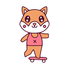 Cute shiba inu dog ride a skateboard. Illustration for sticker and t shirt.