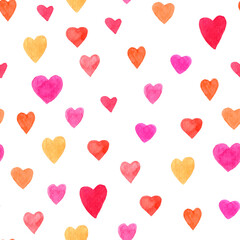 hearts seamless pattern in hand-drawn watercolor technique. Repeat background for colorful summer fabric with hearts