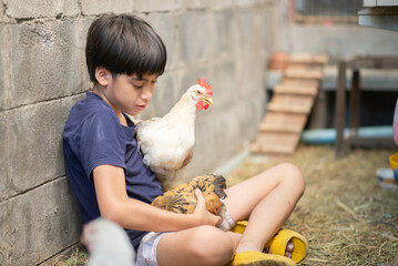 Little Asian boy playing and taking care chicken house backyard farm with love © wckiw