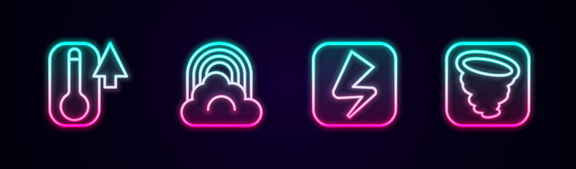 Set line Thermometer, Rainbow with cloud, Lightning bolt and Tornado. Glowing neon icon. Vector