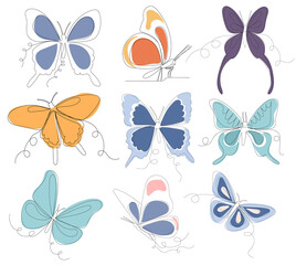 butterflies set one line drawing ,vector, isolated