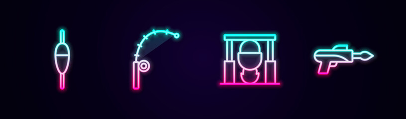 Set line Fishing float, rod, Campfire and pot and harpoon. Glowing neon icon. Vector © Iryna