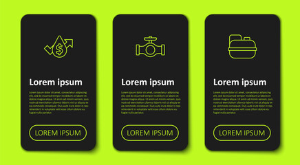 Set line Oil price increase, pipe with valve and Canister for gasoline. Business infographic template. Vector