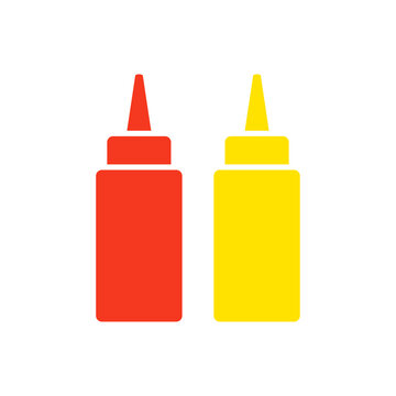 Botes de salsa mostaza y ketchup. Salsa picante envasada en botella de plástico. Icono plano en color amarillo y color rojo
