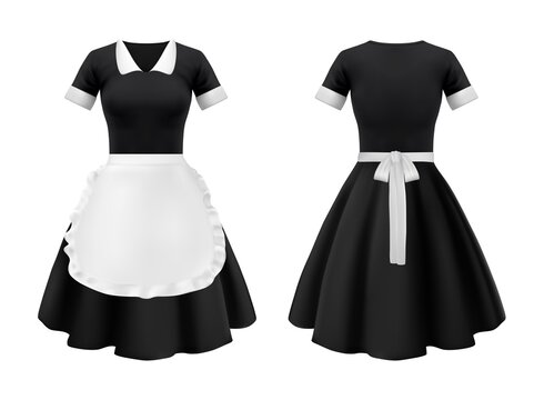 Maid and waitress uniform, hotel and house worker dress clothes. Vector isolated black dress with bell skirt and white apron with ruffle, realistic french maid outfit or housekeeping uniform