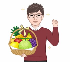 フルーツの籠盛りをもつ男性