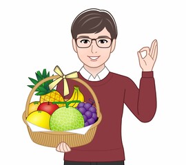 フルーツの籠盛りをもつ男性