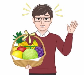 フルーツの籠盛りをもつ男性