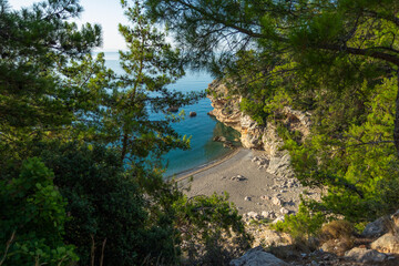 Aerial view photography at scenic mountainous sunny tropical sea beach 