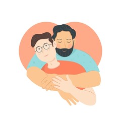 Couple of two men hugging. Couple Gay in love. Male best friends embracing and supporting each other.
Flat vector cartoon illustration isolated on white background