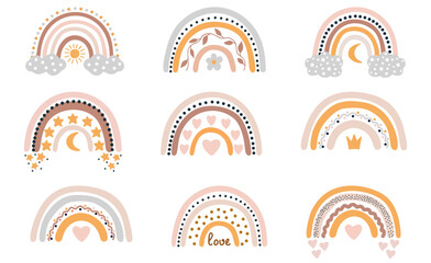 Cute vector pastel rainbow set isolated on white background. Set of rainbows with hearts, clouds, rain in childish Scandinavian style. Perfect for kids, posters, prints, cards, fabric. © Marina