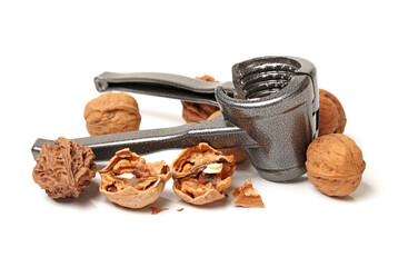 nutcracker with walnut close up part isolated on white background