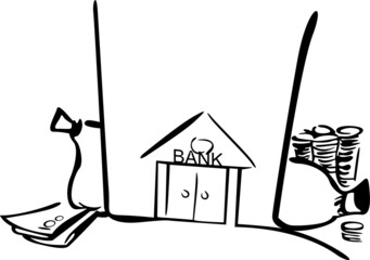 In the bank there is a large amount of money and bags with them
