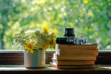 Closeup view photography of windowsill of rural cottage. Bouquet of cute small field flowers in blue metal mug, several paper books and old photo camera laying on window sill - obrazy, fototapety, plakaty