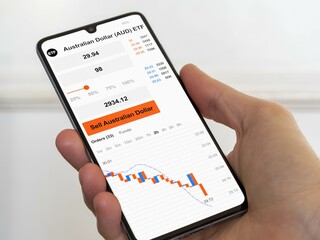 Stock exchange australia market etf down, bear market data on smartphone. Exchange-traded fund. Business analysis of shares ETF australian dollar aud