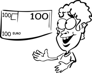 A happy boy points to a one hundred euro banknote
