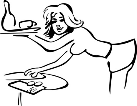 The waitress, holding the tray, takes the dinner payment from the table
