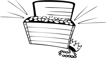 The wooden chest is filled with coins and next to it there is a crown and a necklace
