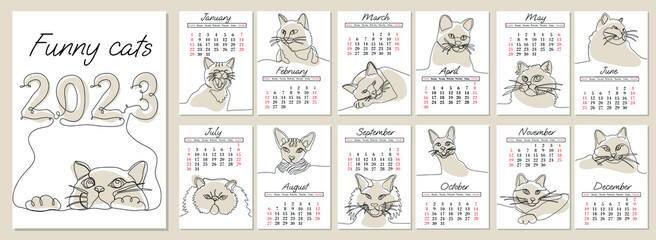 Vector vertical calendar 2023 with funny cats in trendy line art style. One continuous line drawing. Week starts from Sunday. Set of 12 pages and cover in size A4 A3 A2 A5